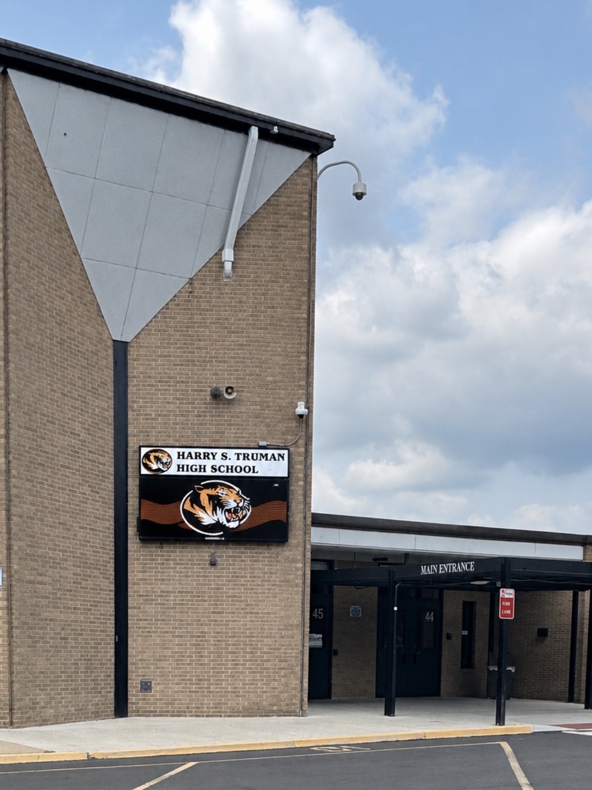 Harry S. Truman High School wall-mounted LED digital display with tiger mascot